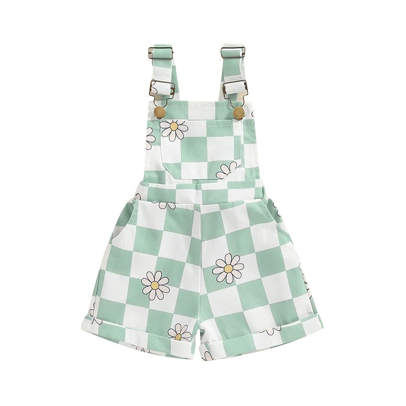 Toddler Baby Girl Overalls Short Checkerboard Floral Print Summer Sleeveless Romper Jumpsuit Girls Clothes