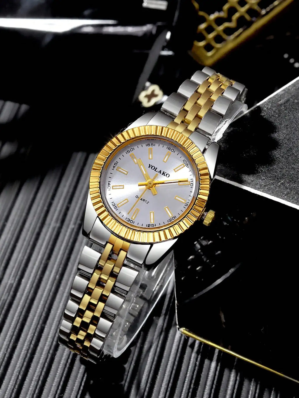 Two-Tone Stainless Steel Quartz Watch for Women, Silver Dial with Gold Bezel