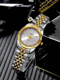 Two-Tone Stainless Steel Quartz Watch for Women, Silver Dial with Gold Bezel