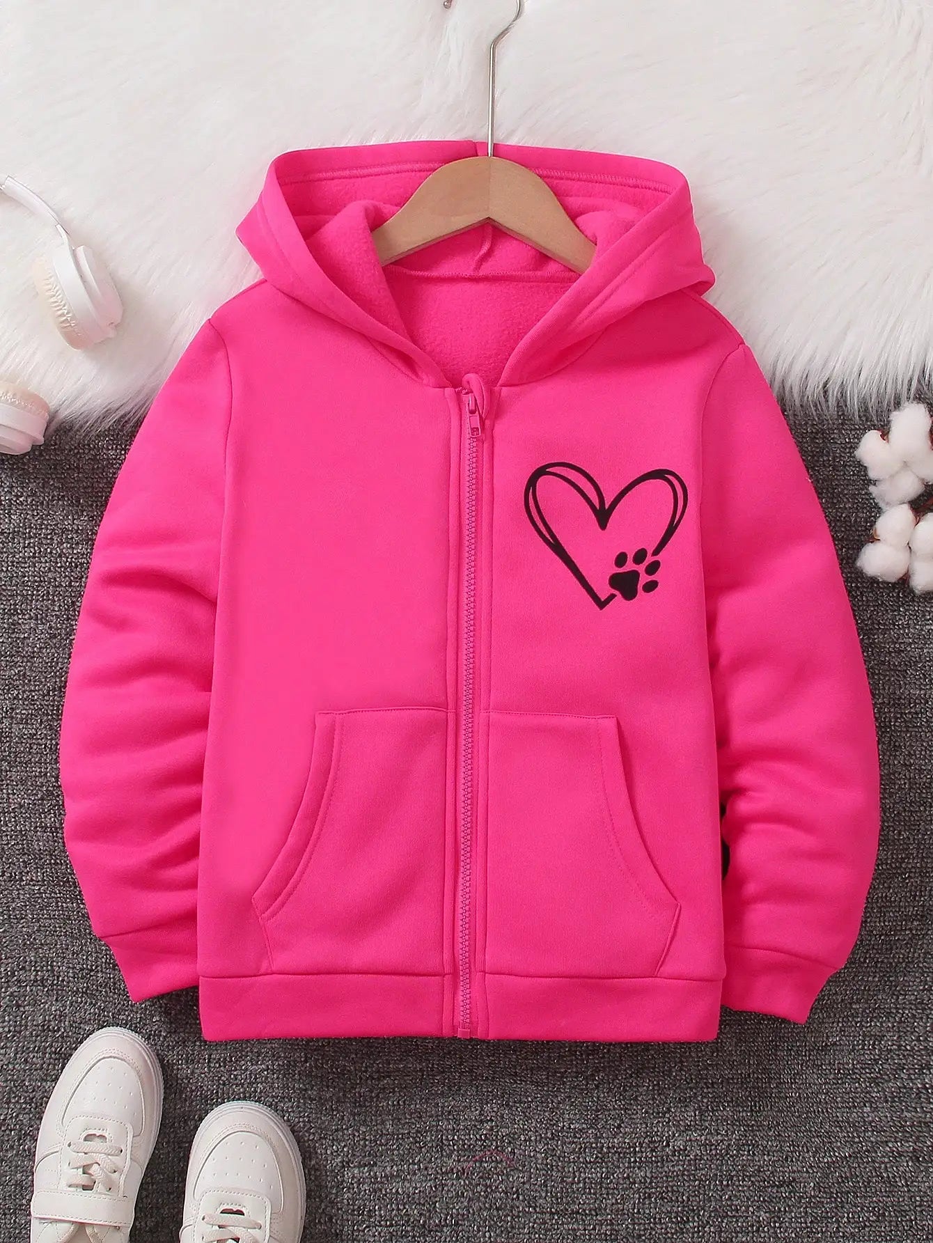 Pink Zip-Up Hoodie for Girls with Heart and Paw Print Graphic