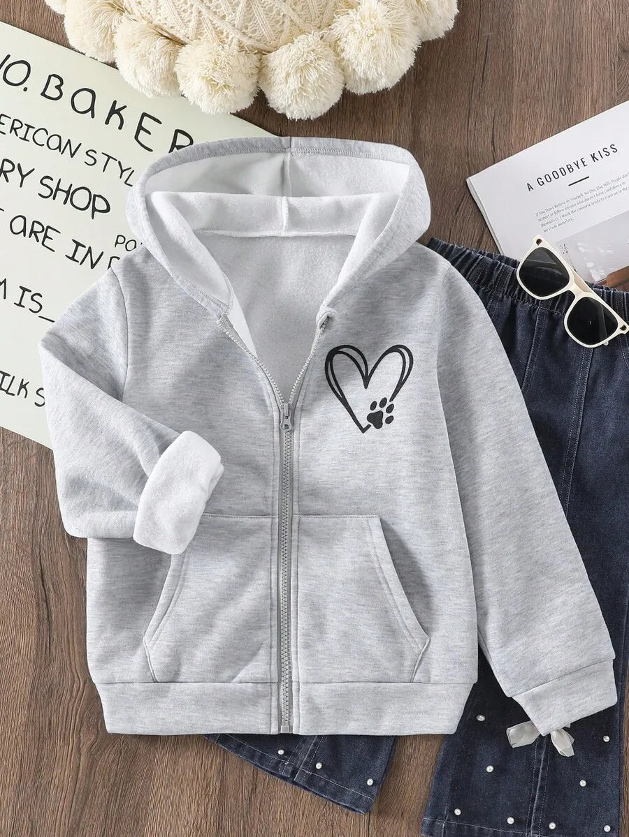 Pink Zip-Up Hoodie for Girls with Heart and Paw Print Graphic