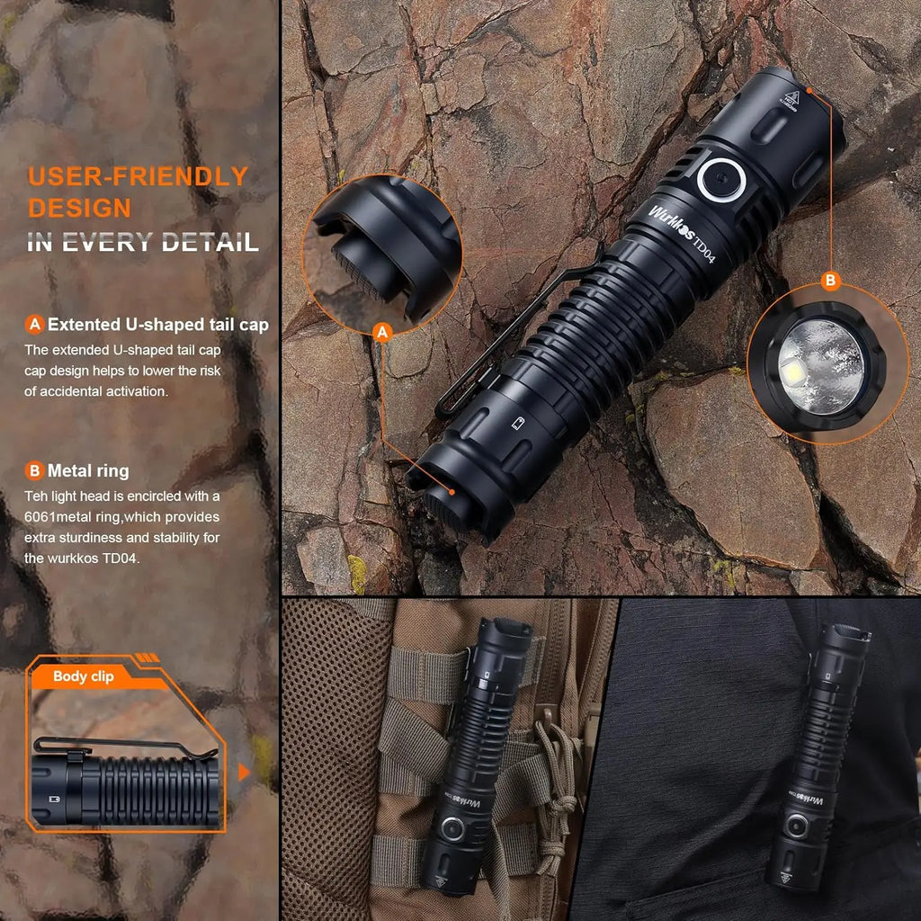 TD04 Flashlight 21700 Rechargeable Dual-Mode Tactical Flashlight USB-C Interface 3000 Lm Everyday Carry with Tail Switch