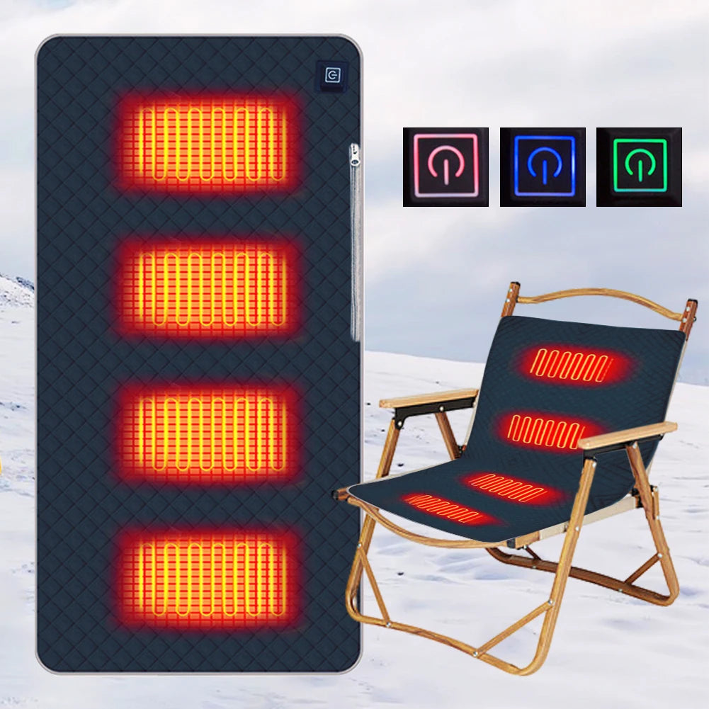 4 Heated Areas Camping Chair Heated Mat USB Electric Blanket 3 Adjustable Temperature Heater Warmer Cushion for Outdoor Travel