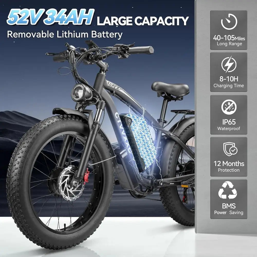 6000W Peak Dual Motor Ebike or Adults - 52V 34Ah ast Electric Bike or Men /Women 45 MPH, Up to 100 Miles,24" at Tire Lockable Sup