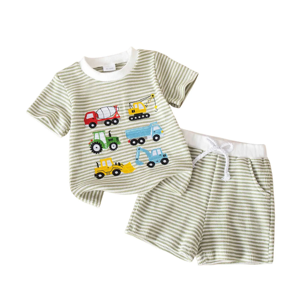 Childrens Comfortable Breathable Shorts Set Boys Cute Truck Print Short Sleeved Two Piece Set Baby Girl Boy Clothes Set