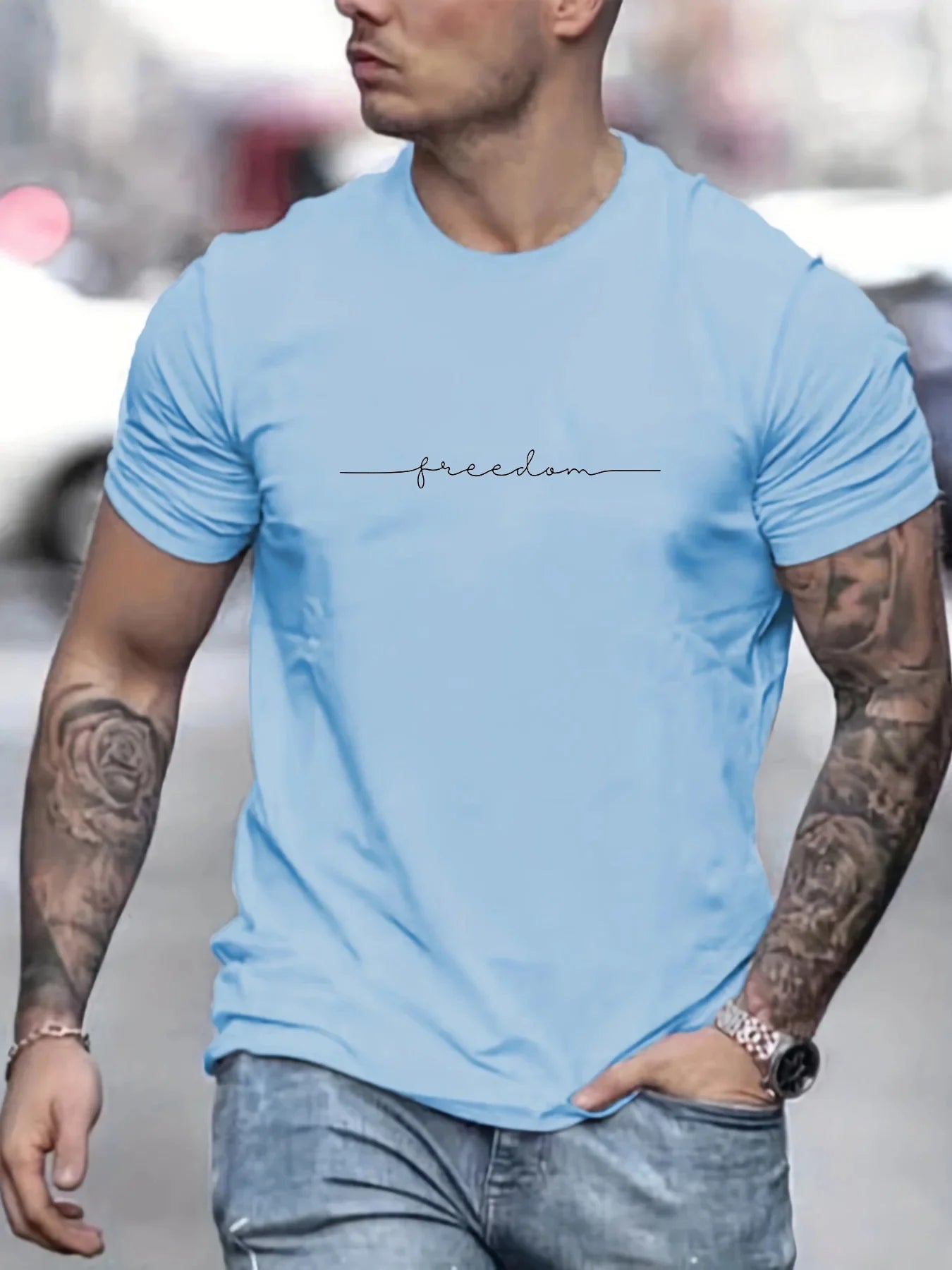 Men's Summer Loose Size 100% Cotton Freedom Graph Print Casual Slim Fit Round Neck T-shirt