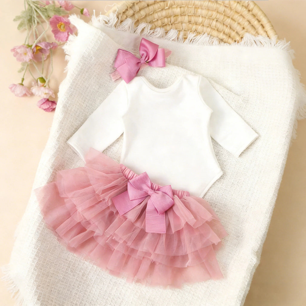 Summer Newborn Photography Outfit Sets Infant Baby Girls Letter Print Romper Pink Tulle Skirt Headband Photo Props-HD