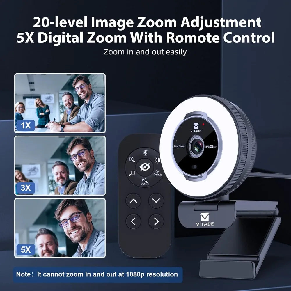 1080P 60FPS Streaming Webcam with Remote Control, 5X Digital Zoom, Adjustable Ring Light & Tripod, Privacy Shutter, USB-A/C for Laptop/Mac/PC