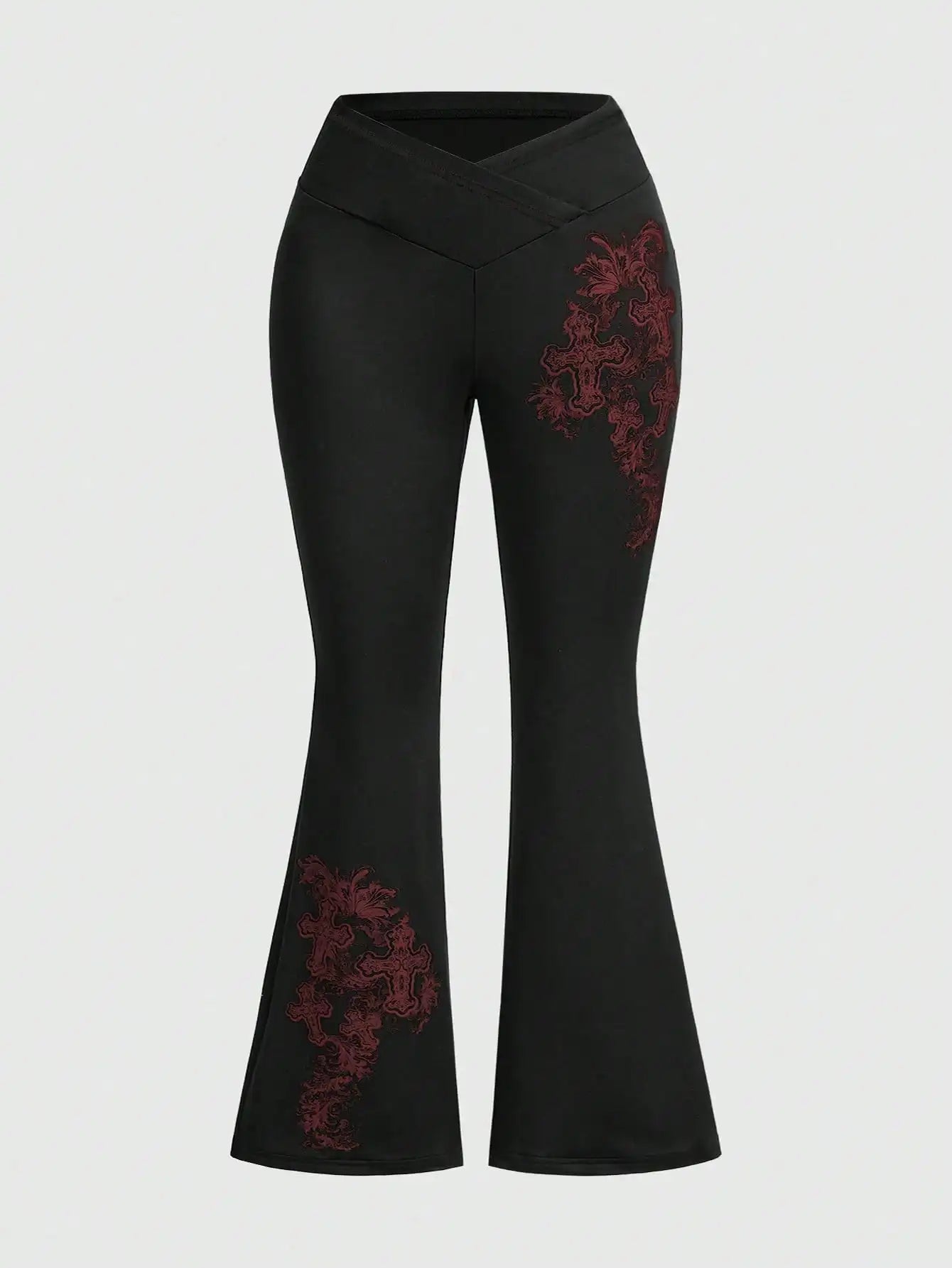 Gothic Plus Size Flared Pants with Cross & Vine Print, V-Waist Design for Women