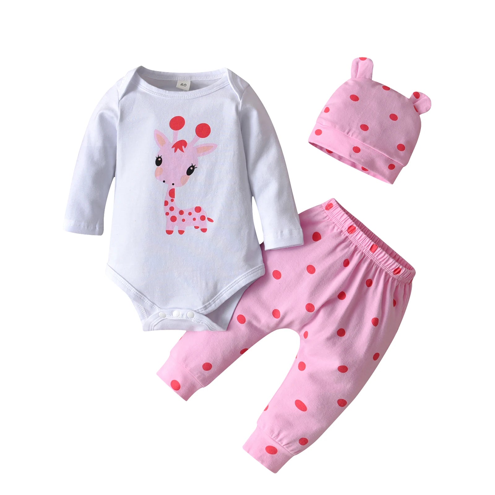 Newborn Baby Girl Clothes Long Sleeve Giraffe Print Romper Tops Dot Pants With Hat Infant Outfits Set