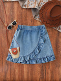 Girls Denim Wrap Skirt with Ruffled Hem, Spring Summer Casual Style