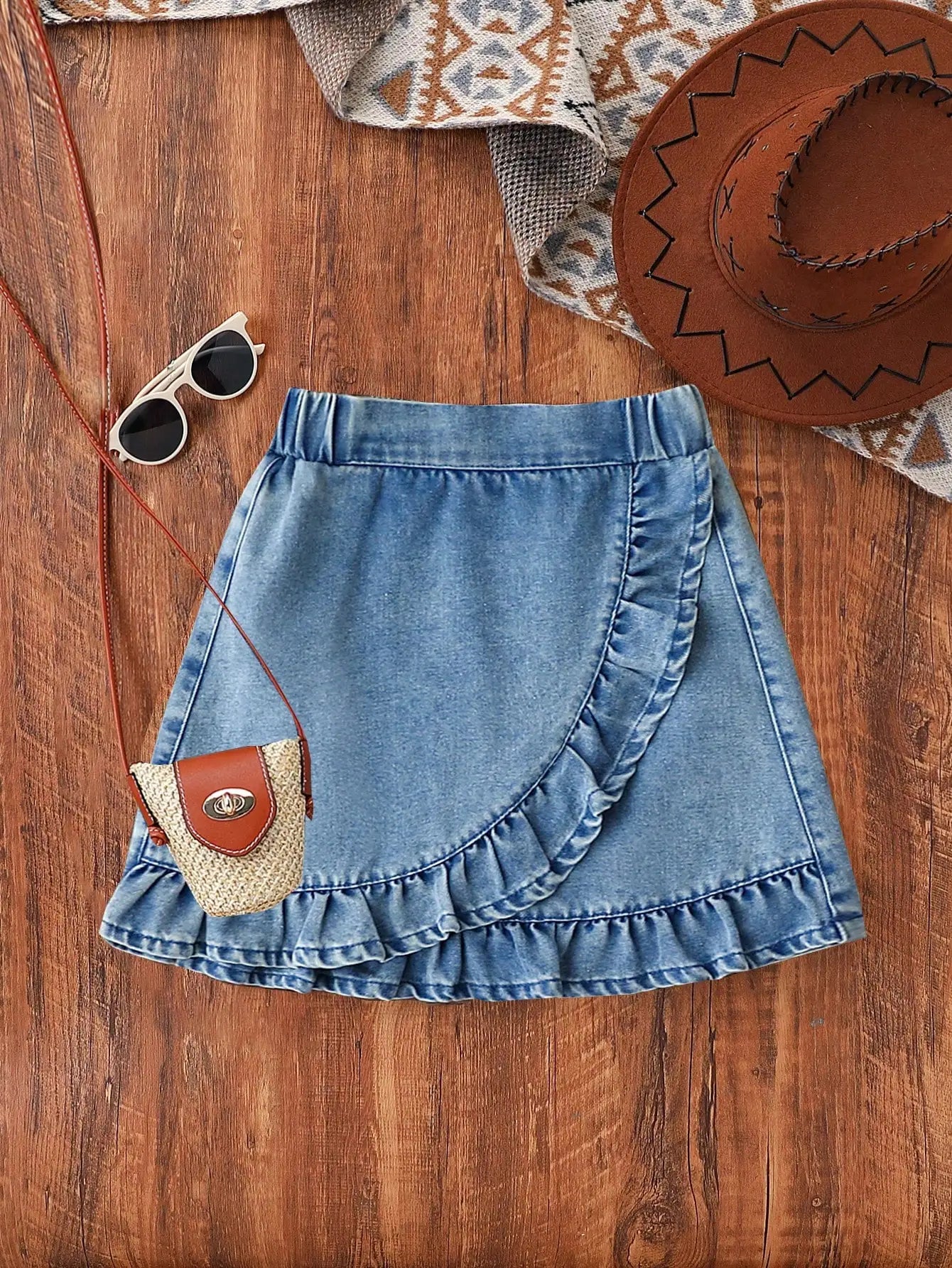 Girls Denim Wrap Skirt with Ruffled Hem, Spring Summer Casual Style