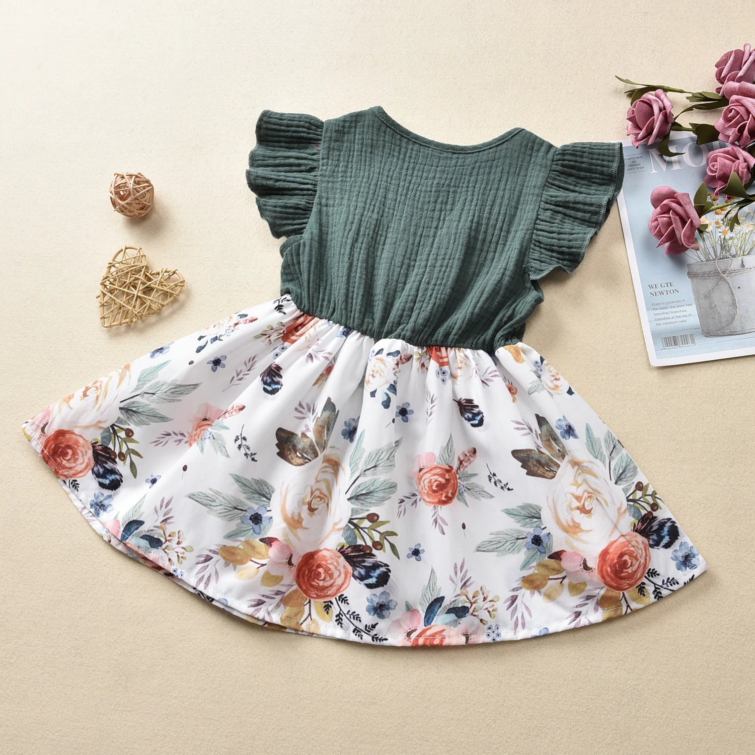 Summer 1-5Years Baby Girls Dress Bowknot Flowers Print Ruffles Sleeve Knee Patchwork Length A-Line Dress