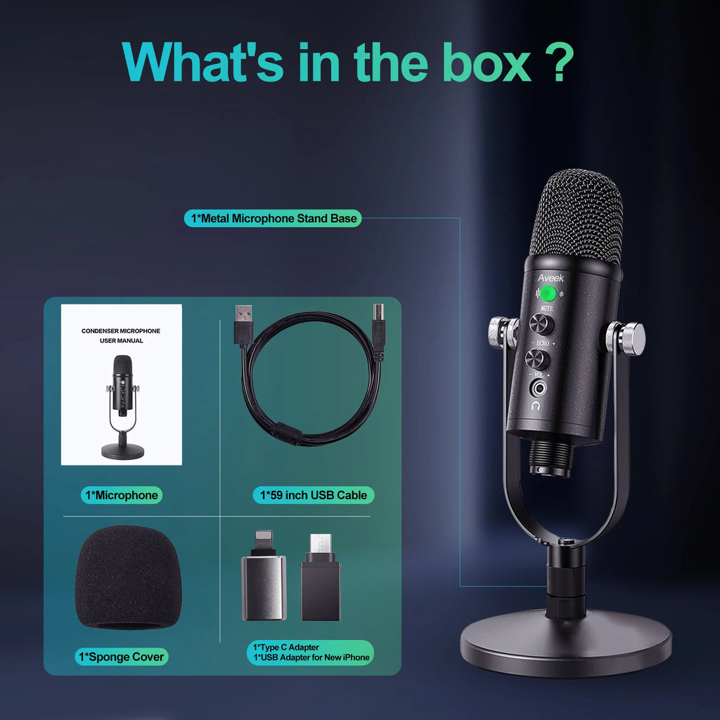 Microphone, Condenser Microphone for Phone, Computer,PS4 and PS5,with Quick Mute, Plug & Play, Cardioid Pickup, Recording