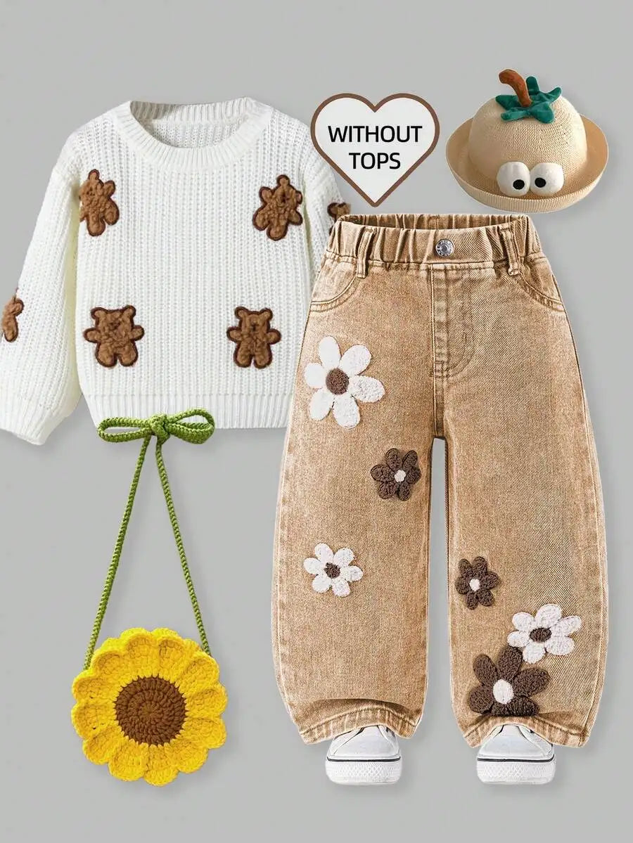 Toddler Girl Denim Pants with Crochet Flower Applique, Loose Fit Blue Jeans for Spring Fall