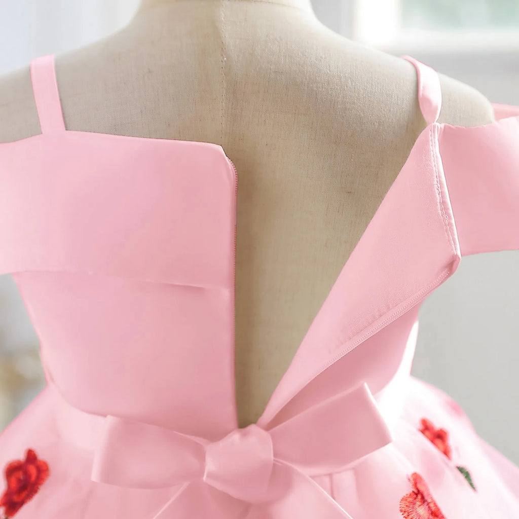 Girls Skirt Fashion Flower Printed Dress Off Shoulder Princess Skirt Children Rose Embroidery Mesh Skirt Frocks
