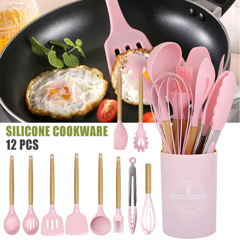 12pcs Silicone Kitchenware Cooking Utensils Set Non Stick Cookware with Storage Bucket