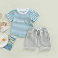 Toddler Boys 2-Piece Outfit Short Sleeve Striped Tee with Elastic Waist Shorts Set for Summer Playtime