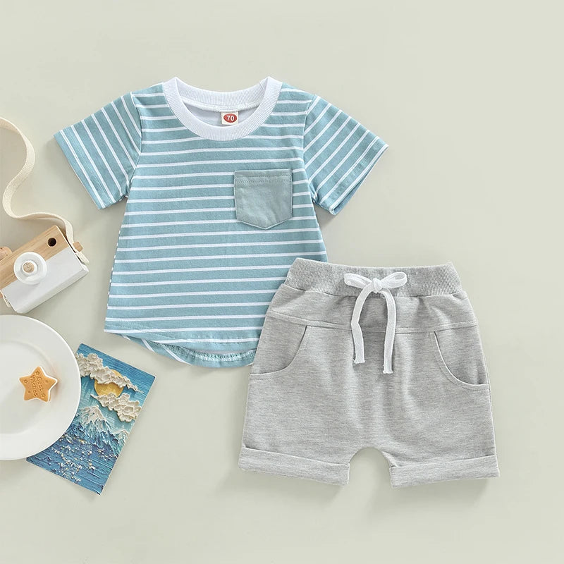 Toddler Boys 2-Piece Outfit Short Sleeve Striped Tee with Elastic Waist Shorts Set for Summer Playtime