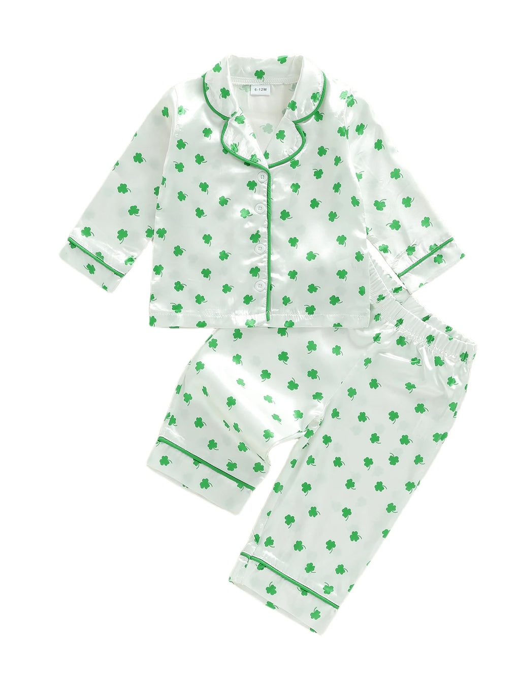Kids St Patrick s Day Green Satin Pajama Set with Clover Print Long Sleeve Button-Up Top and Elastic Waist Pants