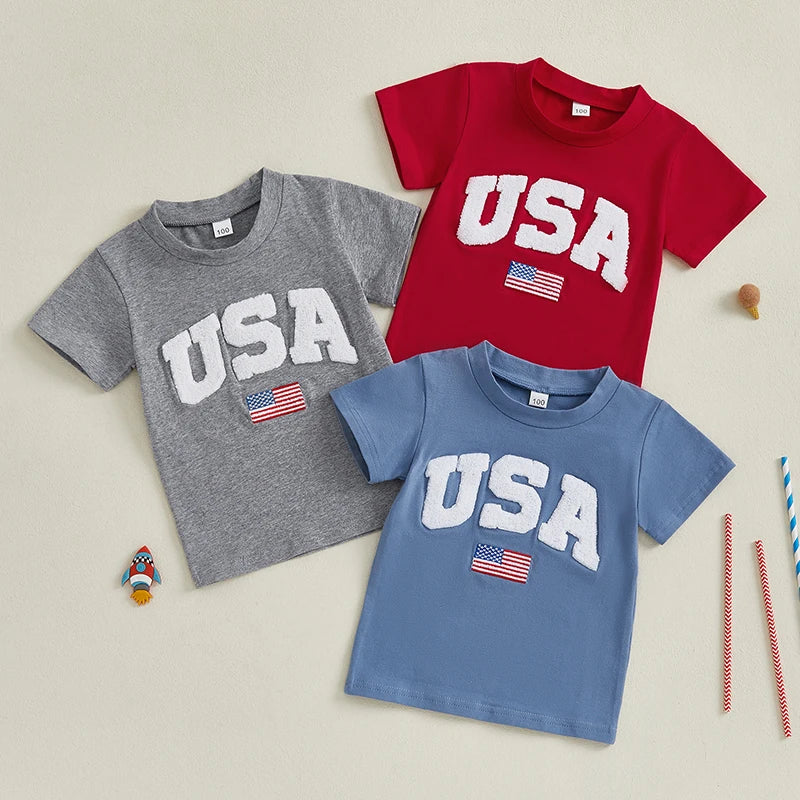 Independence Day Kids T-Shirt with USA Flag Embroidery Patriotic Short Sleeve Tee for Boys Loose Fit Summer Top