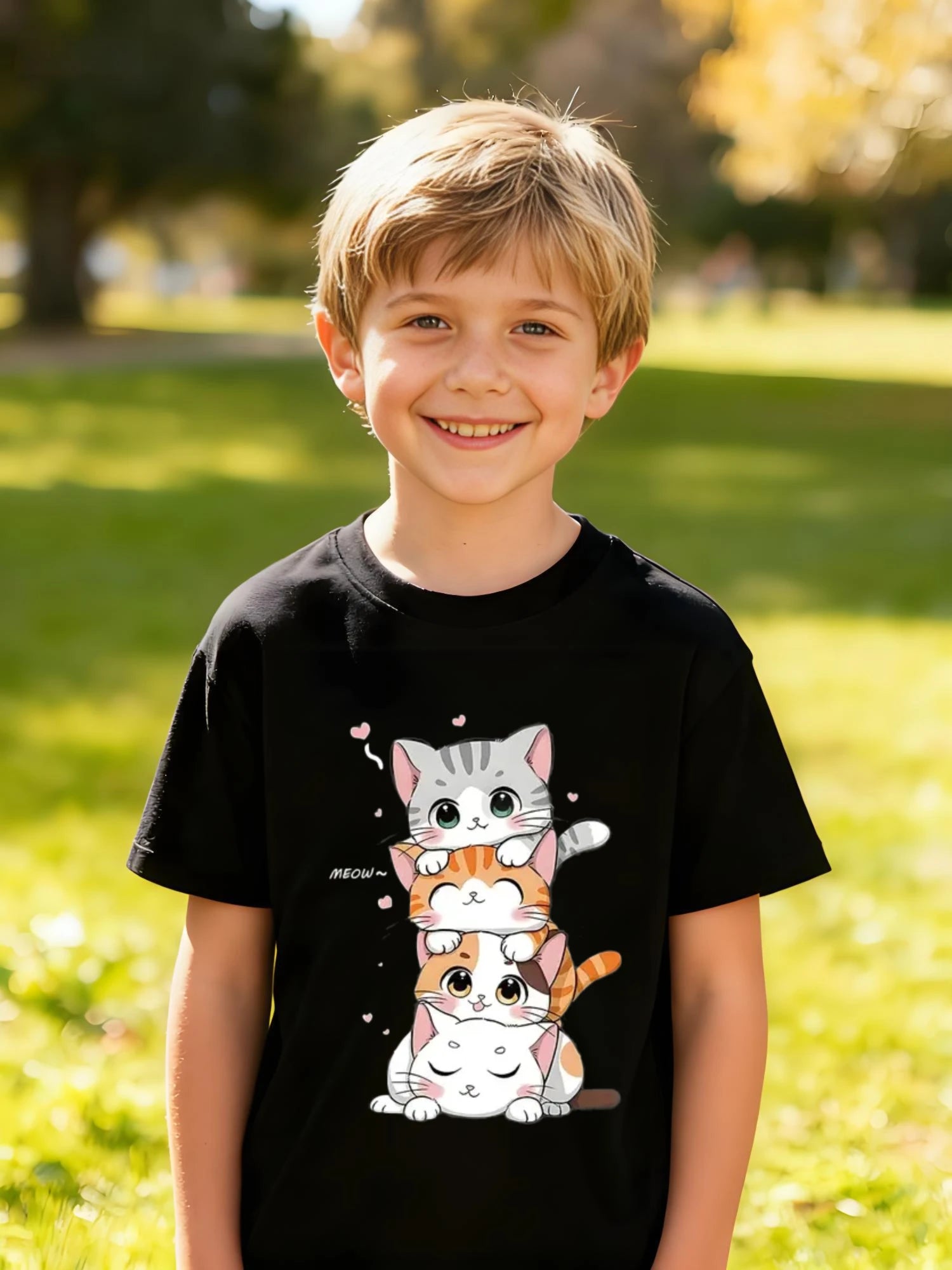 Kids Children's Cotton T-Shirt Stacked Cats with Colorful Patterns and Meow Text Cute Animal Design for Boys Girls Pet Lover