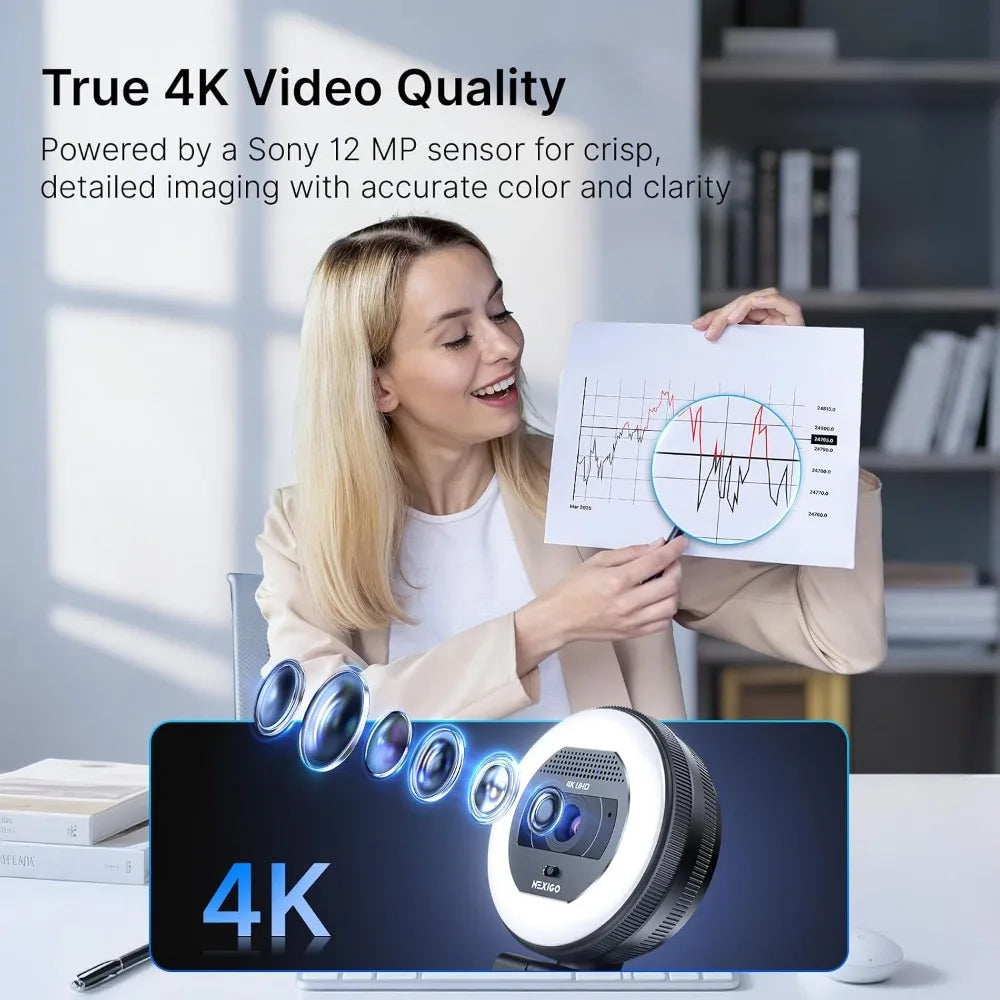 4K Webcam with Ring Light, PDAF Autofocus, 1080P@60FPS, Dual Mics, Privacy Shutter for Streaming & Meetings