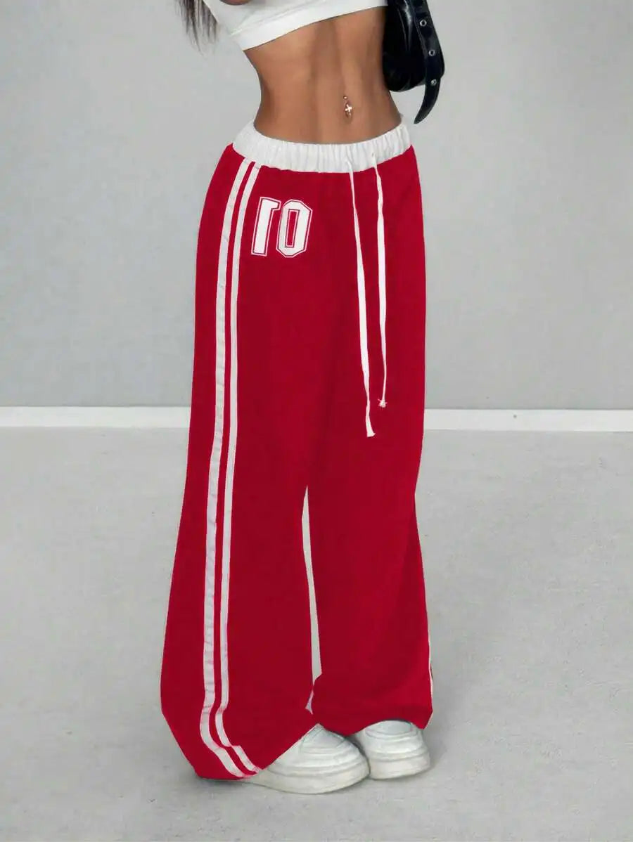 Women's Wide-Leg Sporty Sweatpants with Numeric Print and Side Stripes