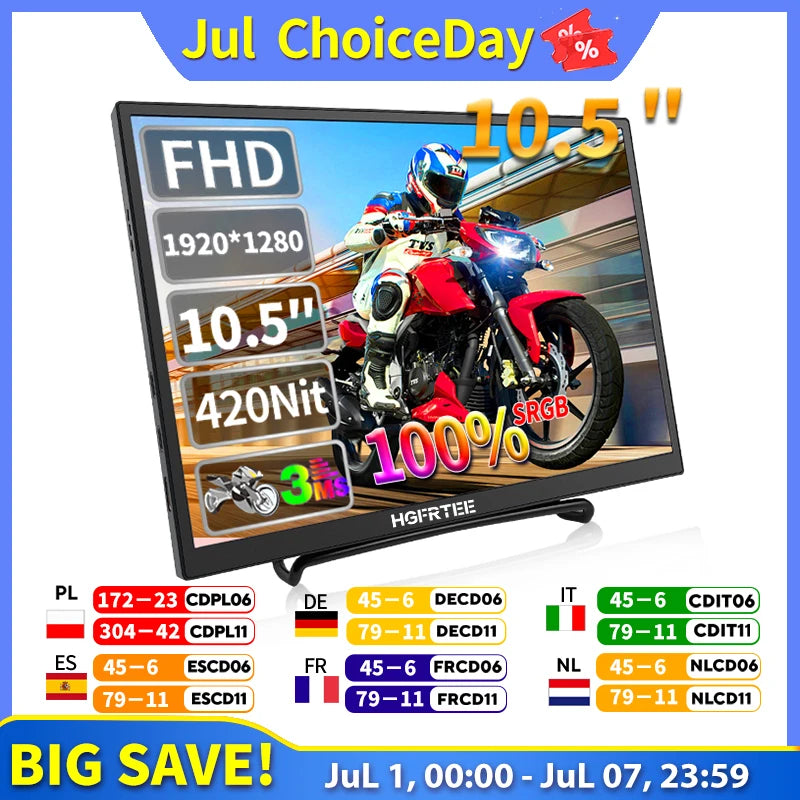 10.5 inch Portable Monitor 420Cd/m ² FHD 1280P 100% SRGB Laptop Second Screen For Mac Xbox PS4/5 Switch