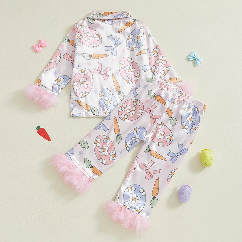 Toddler Kids Baby Girl Solid Pjs Ruffle Long Sleeve Button Shirt Top and Pants Cotton Easter egg carrot Pajamas Set