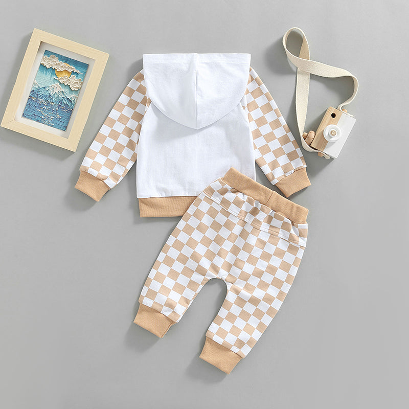 0-4Years Girl Boy Outfit 2Pcs Set Plaid Long Sleeve Hoodie with Pockets Elastic Drawstring Waist Pants
