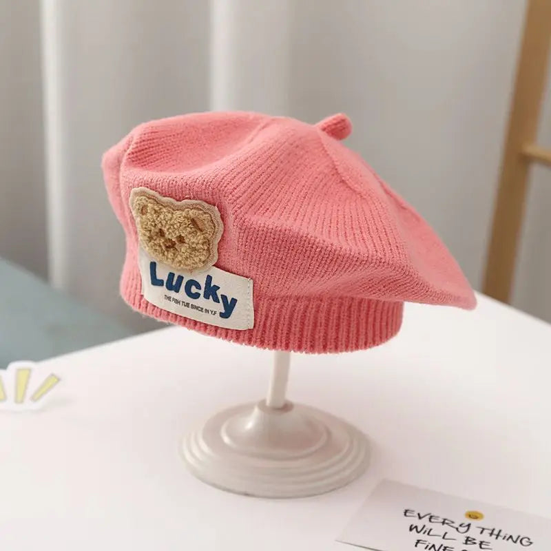 Flower Baby Beret Hat Winter Warm Knitted Beanie Cap for Infant Girls Toddler Princess Artist Solid Color Painter Caps