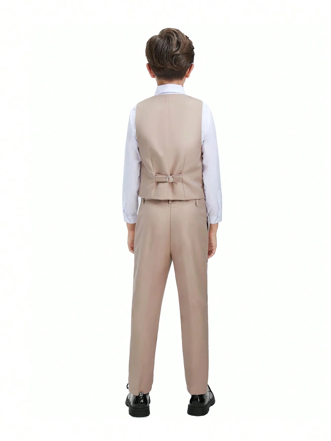 4-Piece Boys Formal Suit Set: White Shirt, Beige Vest & Pants, Black Bow Tie