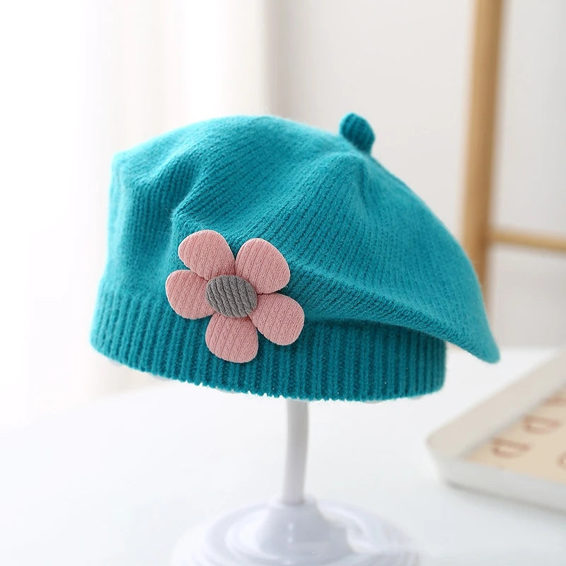 Flower Baby Beret Hat Winter Warm Knitted Beanie Cap for Infant Girls Toddler Princess Artist Solid Color Painter Caps