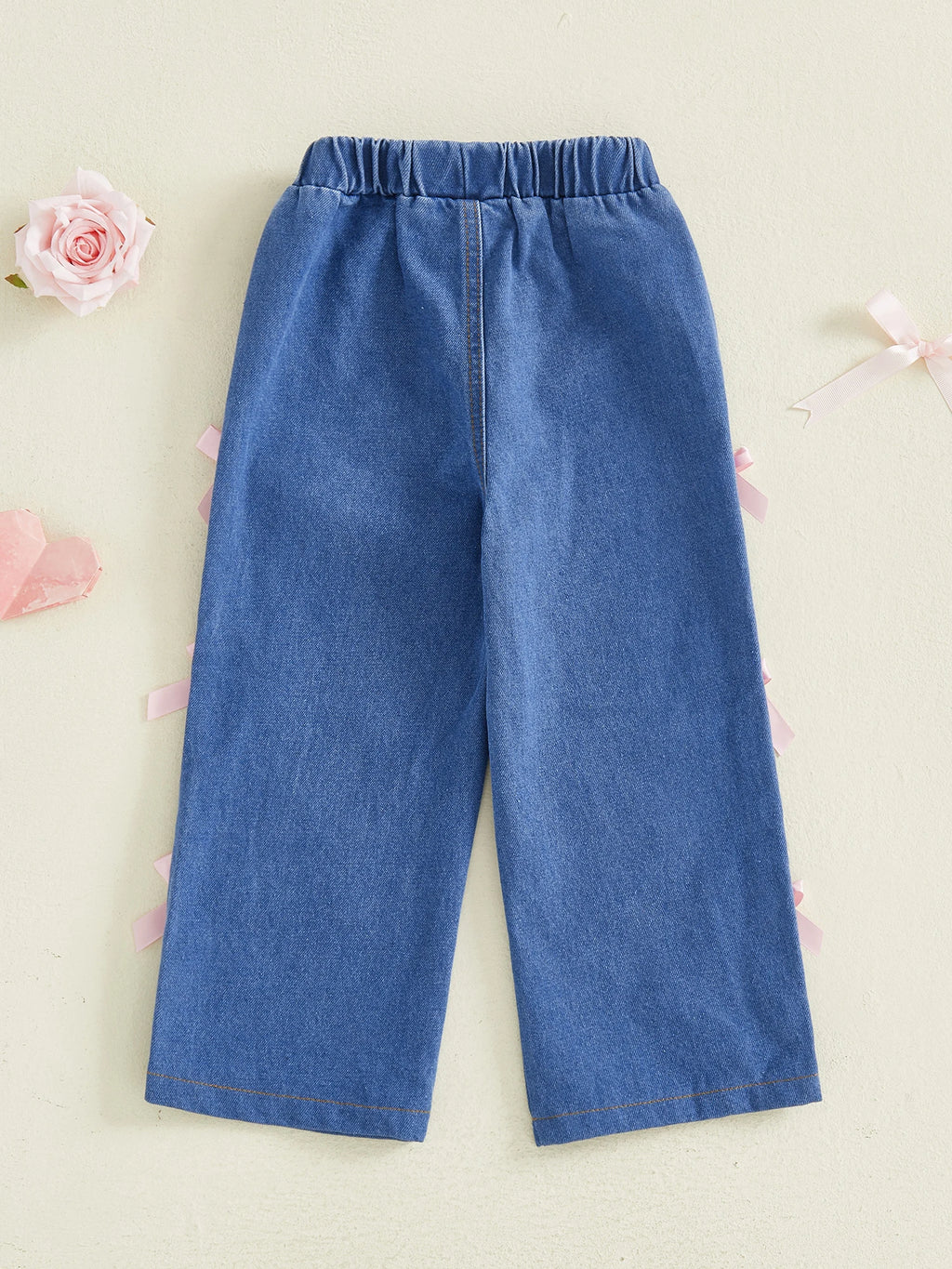 Girls Elastic Waist Denim Jeans with 3D Bow Detailing and Wide Leg Design for Stylish Summer and Fall Looks