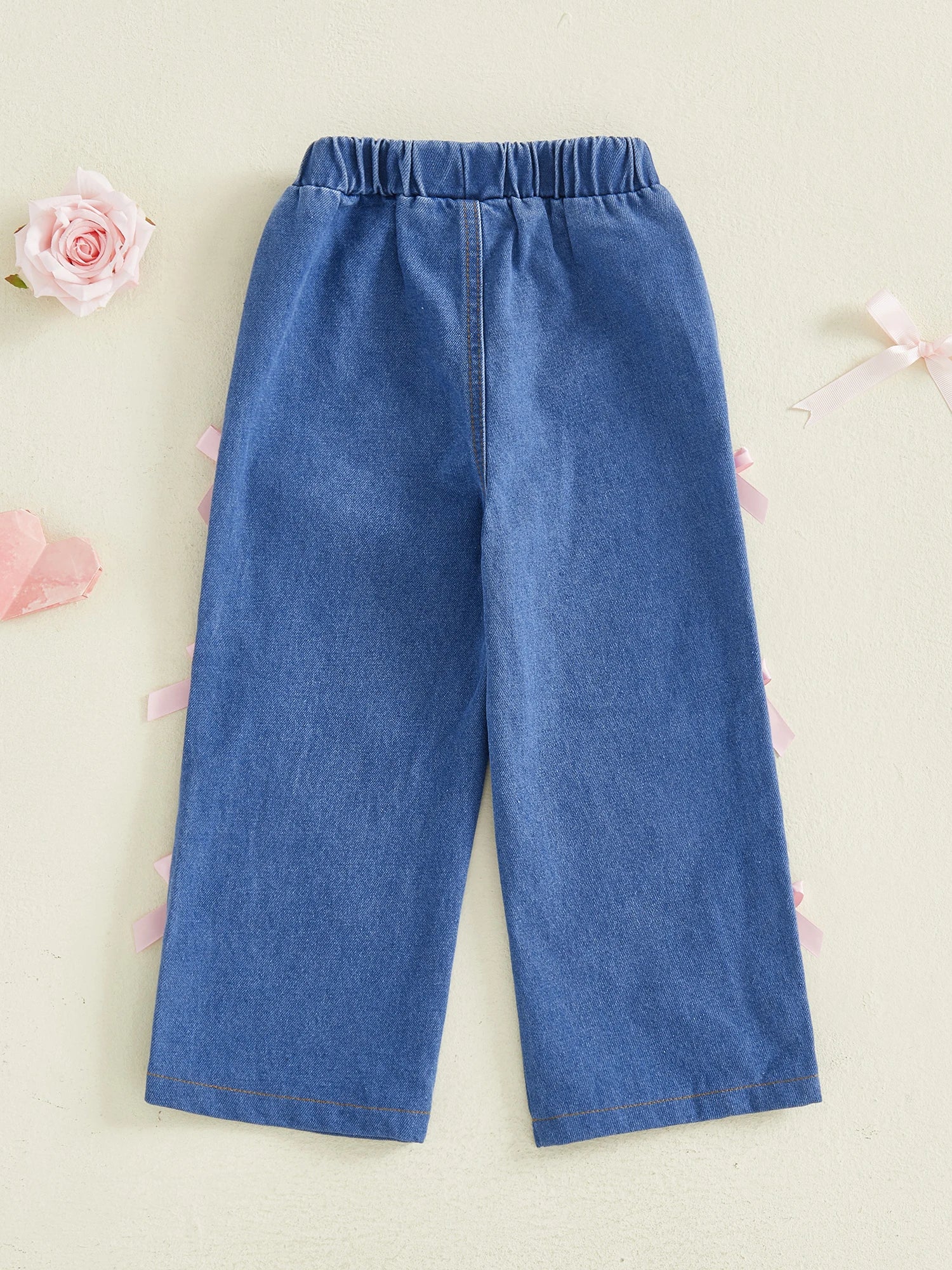 Girls Elastic Waist Denim Jeans with 3D Bow Detailing and Wide Leg Design for Stylish Summer and Fall Looks