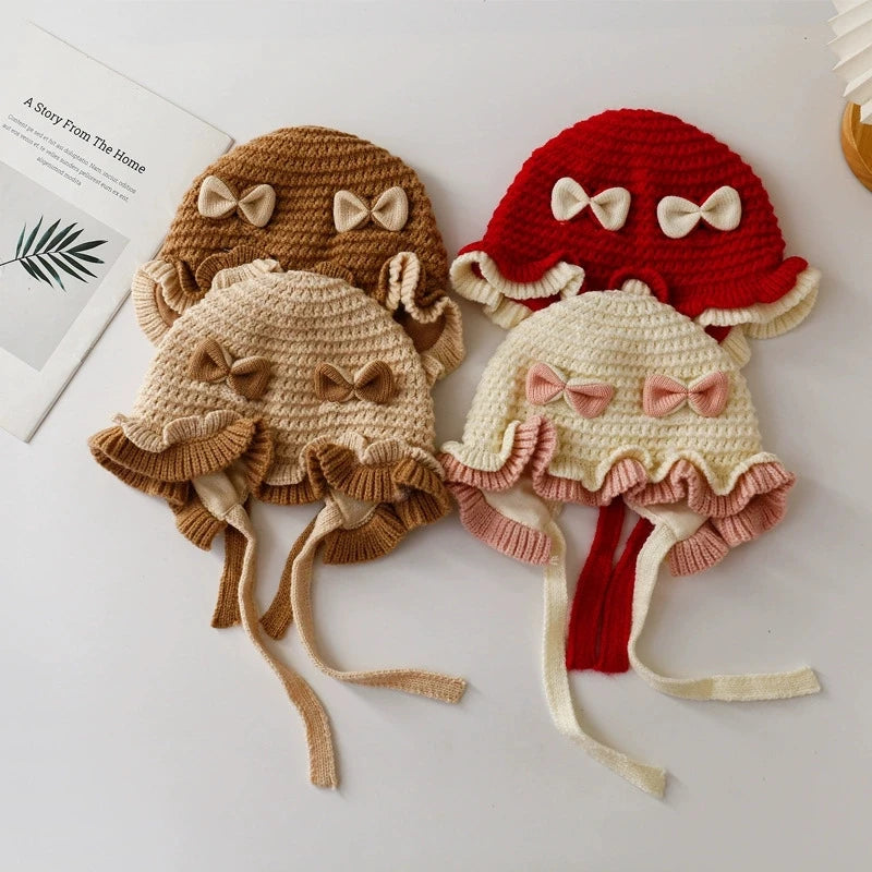 Cute Bow Baby Girl Winter Hat Soft Knitted Ruffle Infant Baby Ear Protection Thick Warm Windproof Toddler Earflap Beanie