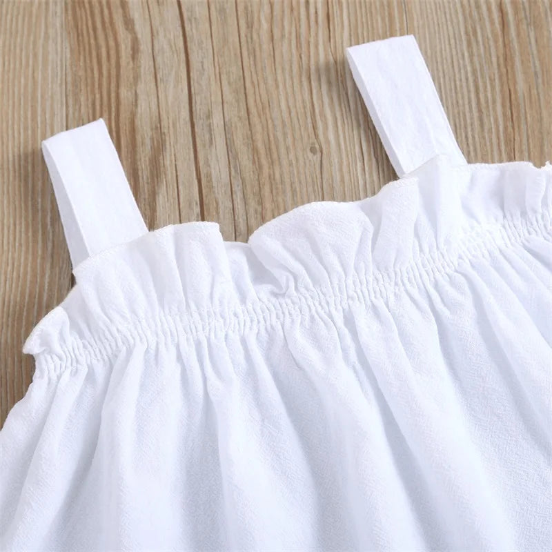 01-26  Girls Summer 2PCS Pants Sets White Sleeveless Cami Tops Blue Ripped Denim Pants Sets
