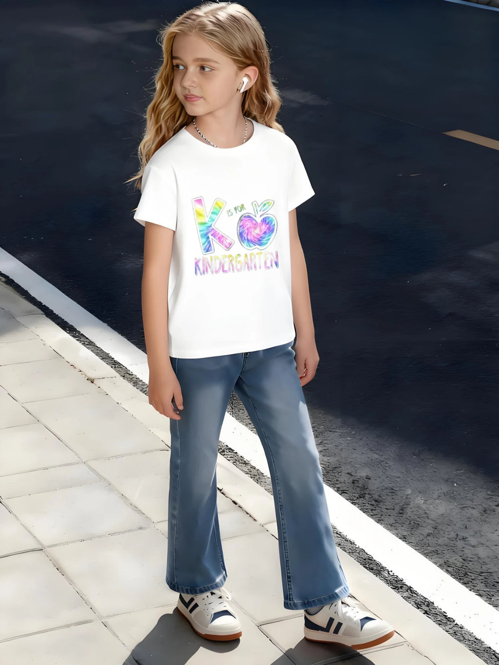 Kids Children's Cotton T-Shirt K Is for Kindergarten with Rainbow Apple Design for Boys /Girls School Preparation Style