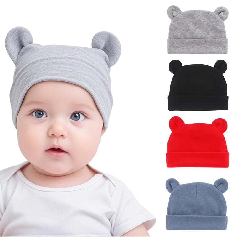 Baby Hats for Newborn Solid Color Cap Kids Bear Hats Children Soft Cotton Breathable Sweat-Absorbent Boys Girls Baby Stuff