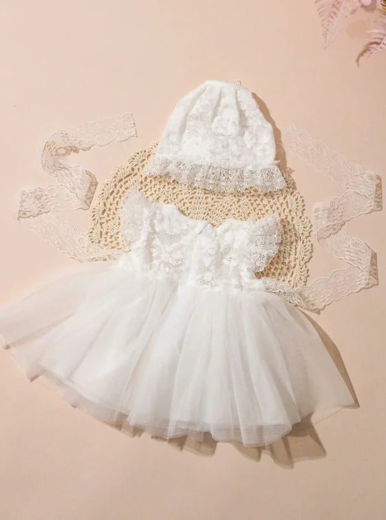 Newborn Photography  Princess Outfit BabyGirl White Lace Tulle Dress with Hat Newborn Infant Christening Gown Photo Shoot Outfit