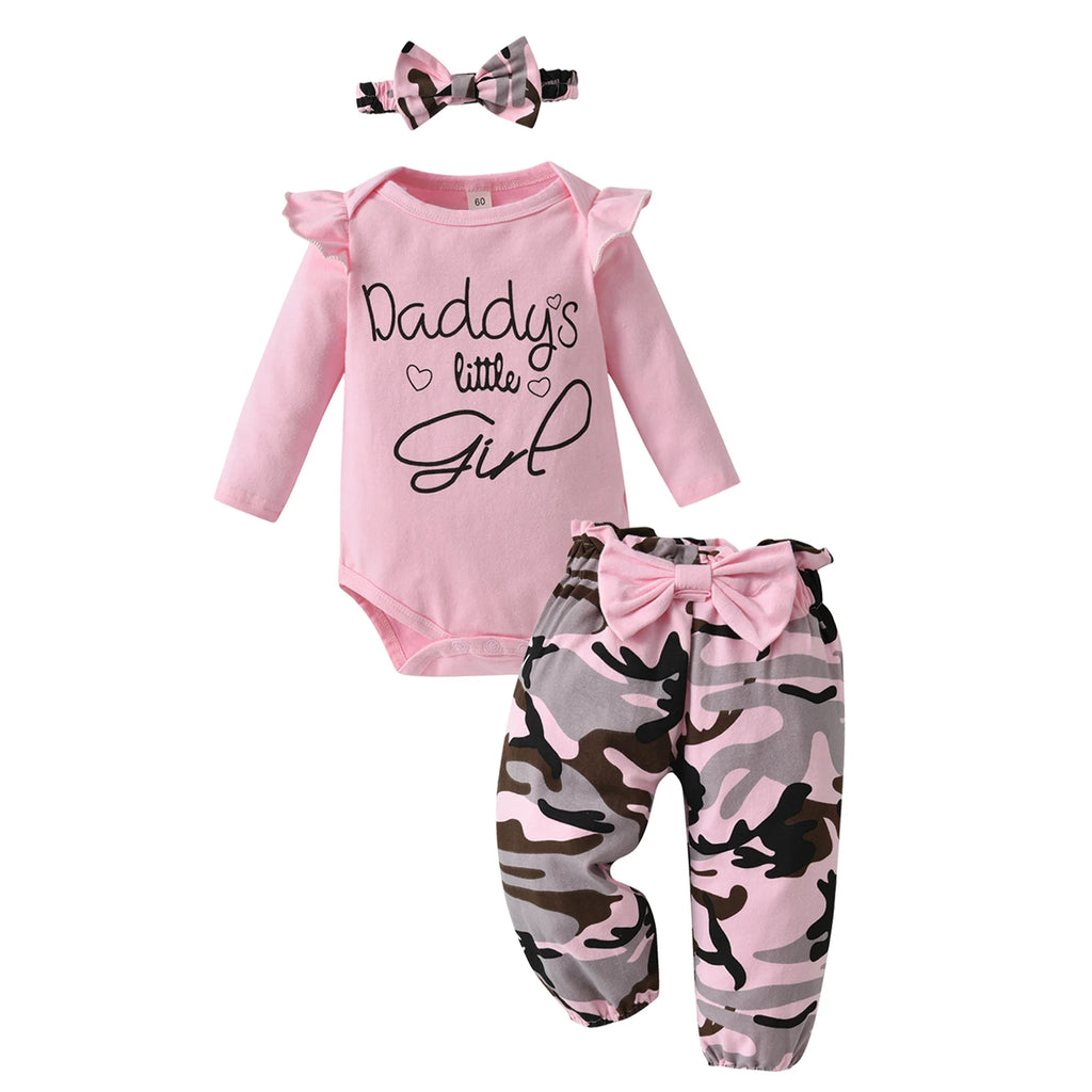 Baby Girl Clothes Long Sleeve Ruffle "Daddy's Little Girl" Tops+Camouflage Bow Pants+Headband Newborn Infant Girls Outfits Set