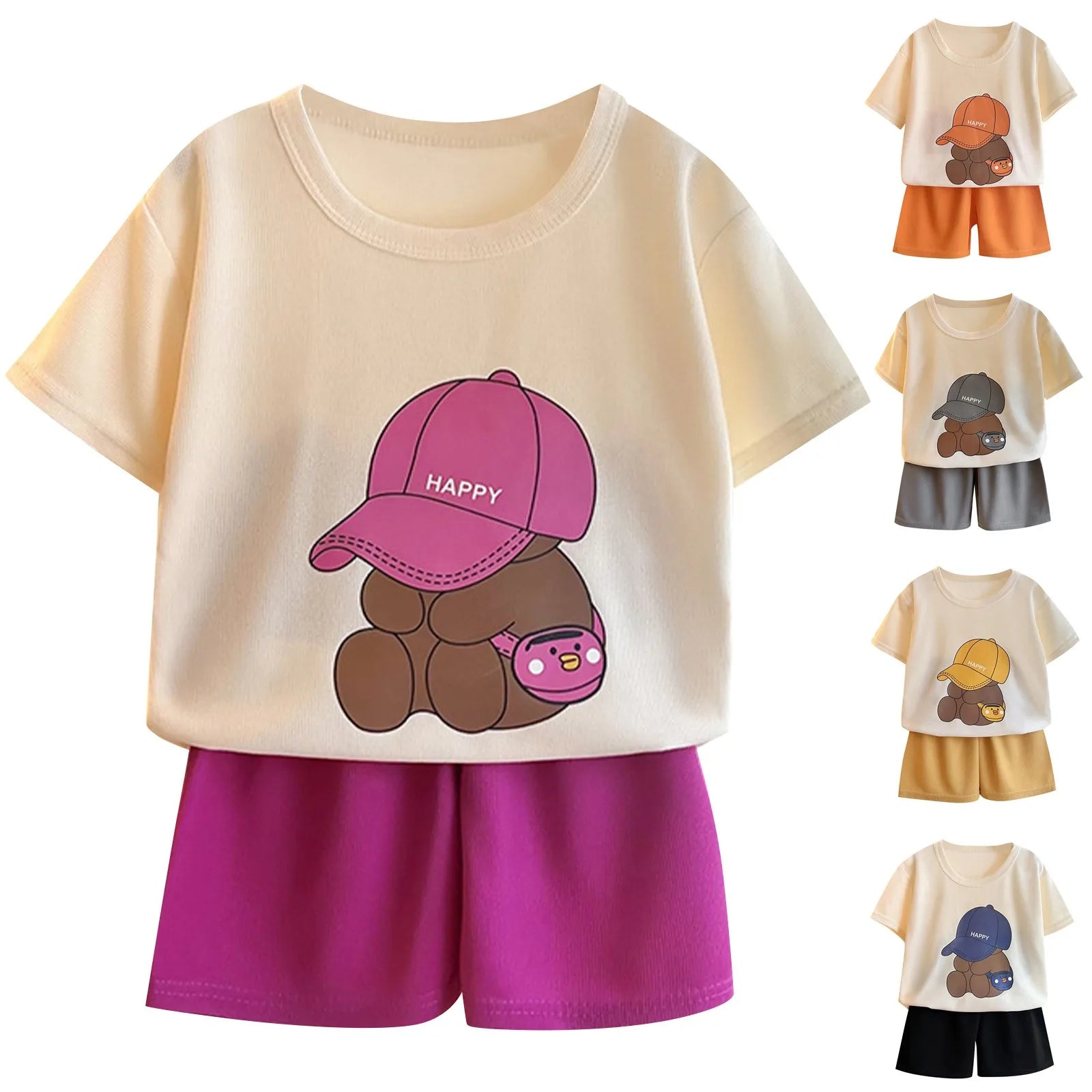 Children Boys 2pcs Tracksuits Cotton Bear Printed Short Sleeves+Shorts Kids Boys Outfits Loose Round Collar Little Boys Tee Suit