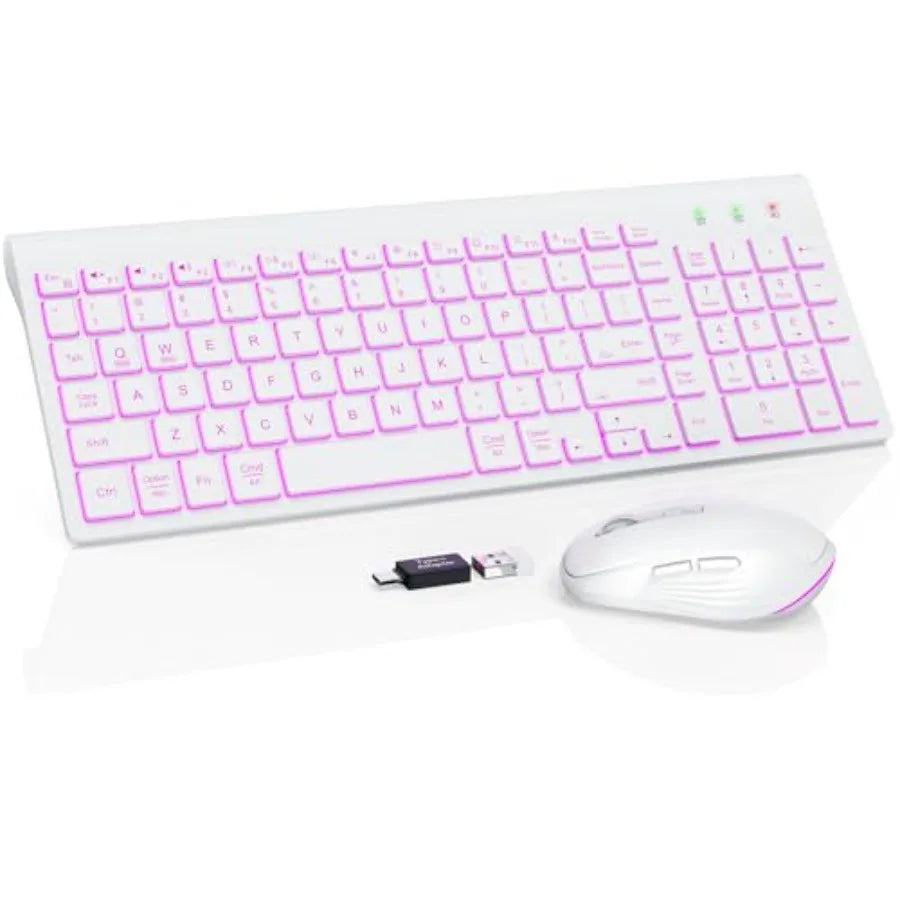 Wireless Keyboard and Mouse Combo Backlit - Compact Quiet Keyboard with RGB Mouse, Rechargeable, Slim, Sleep Mode, Portable Cor