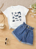 Tween Girls Cotton T-Shirt, Tee With Sea Life Illustrations, Comfy & Cute Marine Art Print Summer Tops