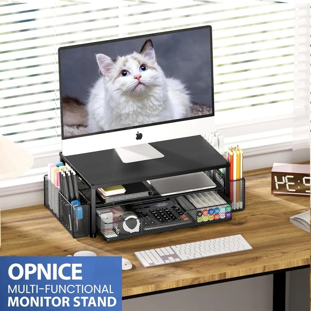 2-Tier Computer Monitor Stand Riser with Drawer and 2 Pen Holders, Laptop Stand, Office Desk Accessories, Black