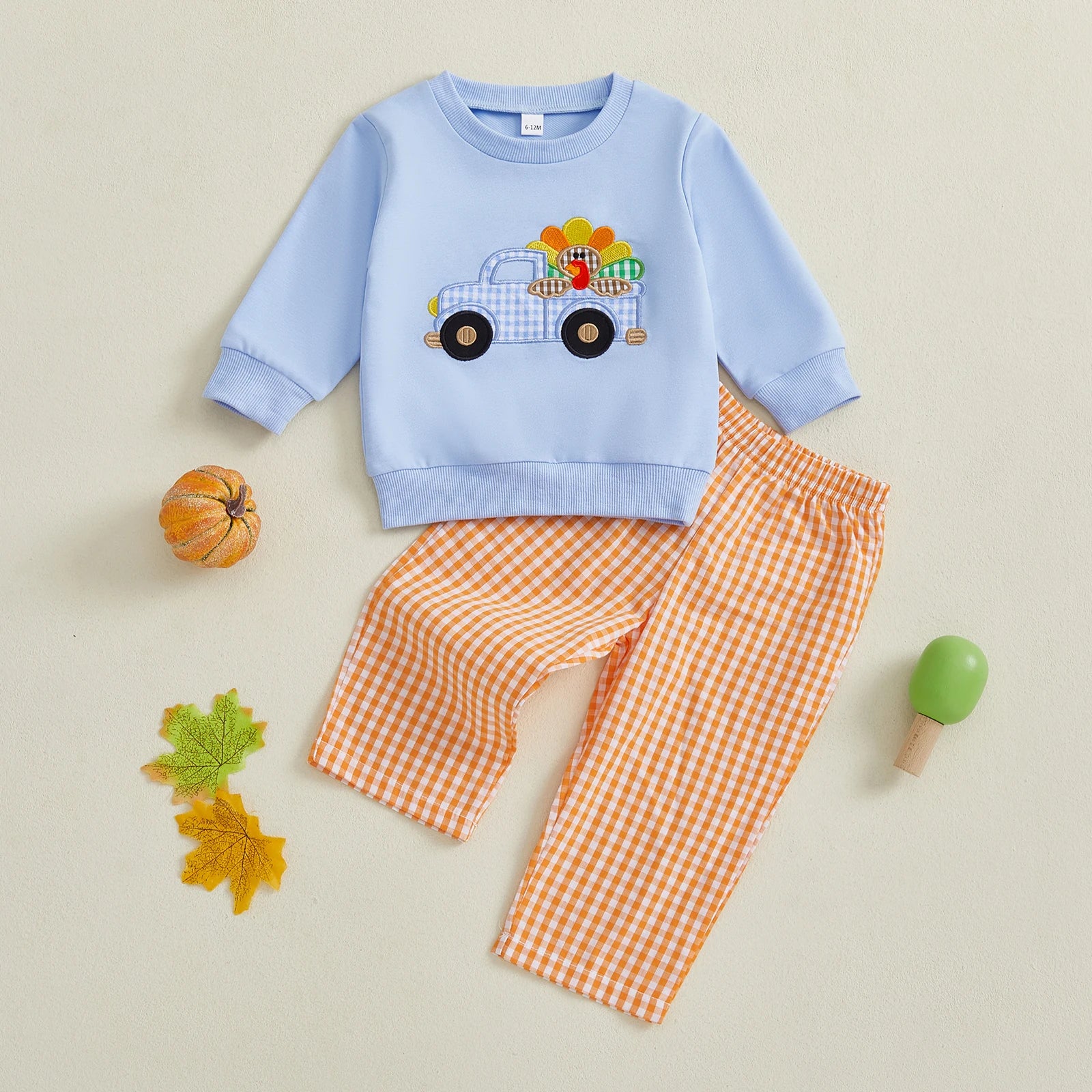 Toddler Baby Boys Outfit Long Sleeve Embroidery Turkey Sweatshirt with Plaid Pants Thanksgiving Clothes Set