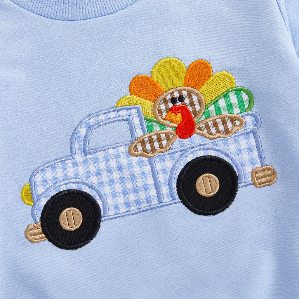 Toddler Baby Boys Outfit Long Sleeve Embroidery Turkey Sweatshirt with Plaid Pants Thanksgiving Clothes Set