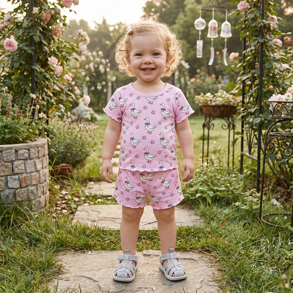 0-4Y Lovely Kids Girls Summer 2 Piece Clothes Sets Short Sleeve O Neck Floral Goose Print Tops Drawstring Shorts Sets