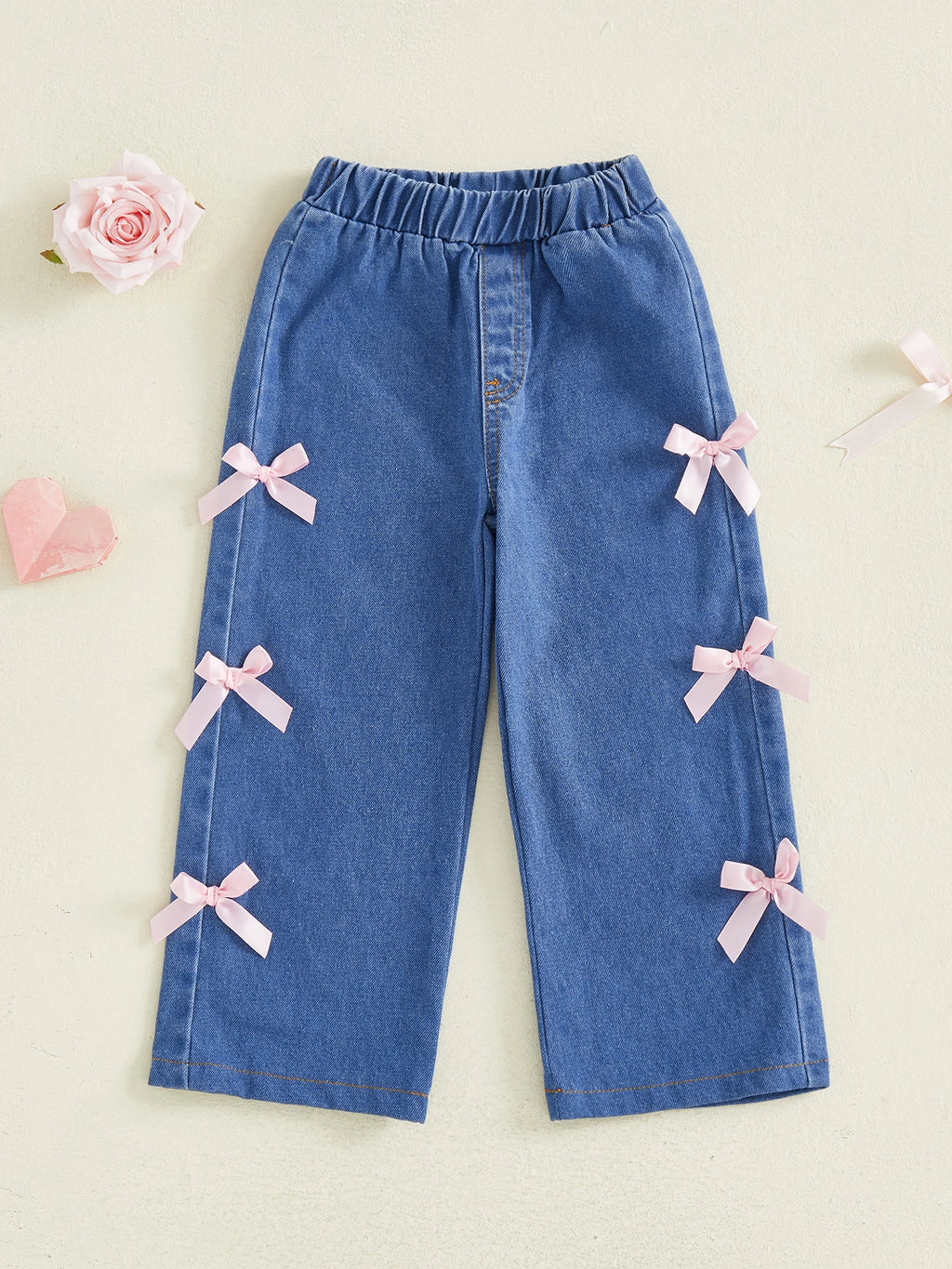 Girls Elastic Waist Denim Jeans with 3D Bow Detailing and Wide Leg Design for Stylish Summer and Fall Looks